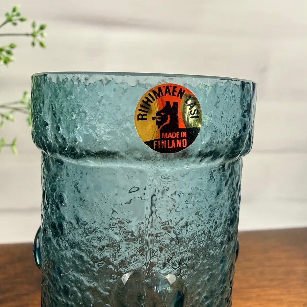 Riihimäen Lasi 1462 Vase Tamara Aladin Blue Textured Finnish Art Glass
